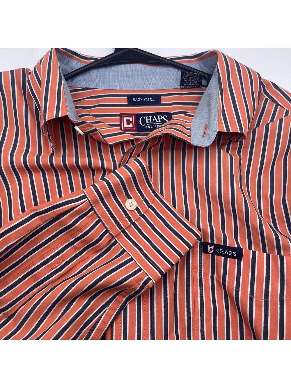 Chaps Easy Care Shirt Mens L Orange Striped Long Sleeve Button Down Preppy
